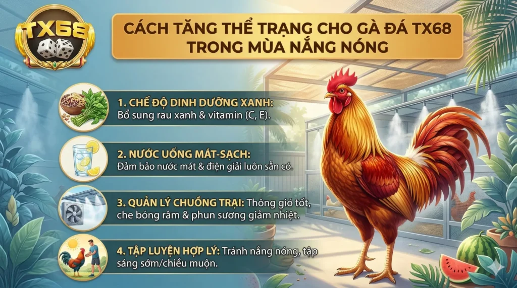 Cách tăng thể trạng cho gà đá TX68 trong mùa nắng nóng