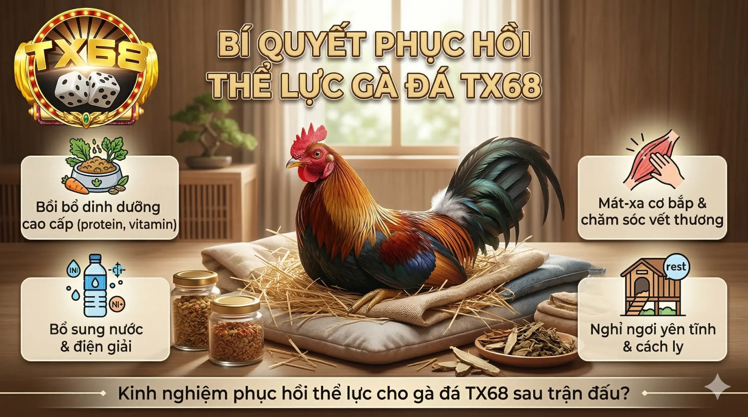 Kinh nghiệm phục hồi thể lực cho gà đá TX68 sau trận đấu